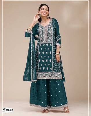 Teal faux georgette zari work semi stitched salwar suits 1