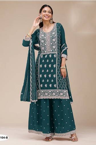 Teal faux georgette zari work semi stitched salwar suits