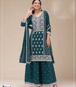 Teal faux georgette zari work semi stitched salwar suits
