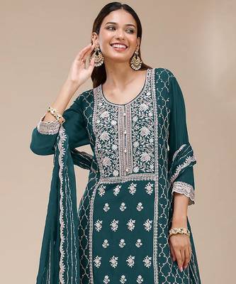 Teal faux georgette zari work semi stitched salwar suits 2