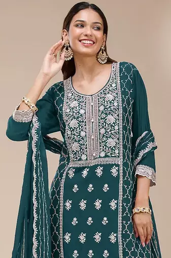 Teal faux georgette zari work semi stitched salwar suits