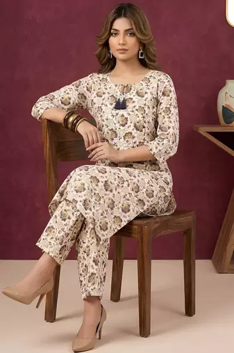 Cream floral printed viscose rayon kurta set