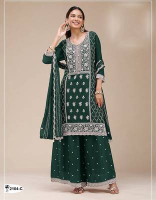 Bottle green faux georgette zari work semi stitched salwar suits 1