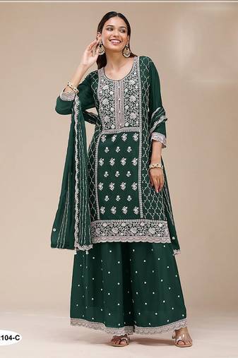Bottle green faux georgette zari work semi stitched salwar suits