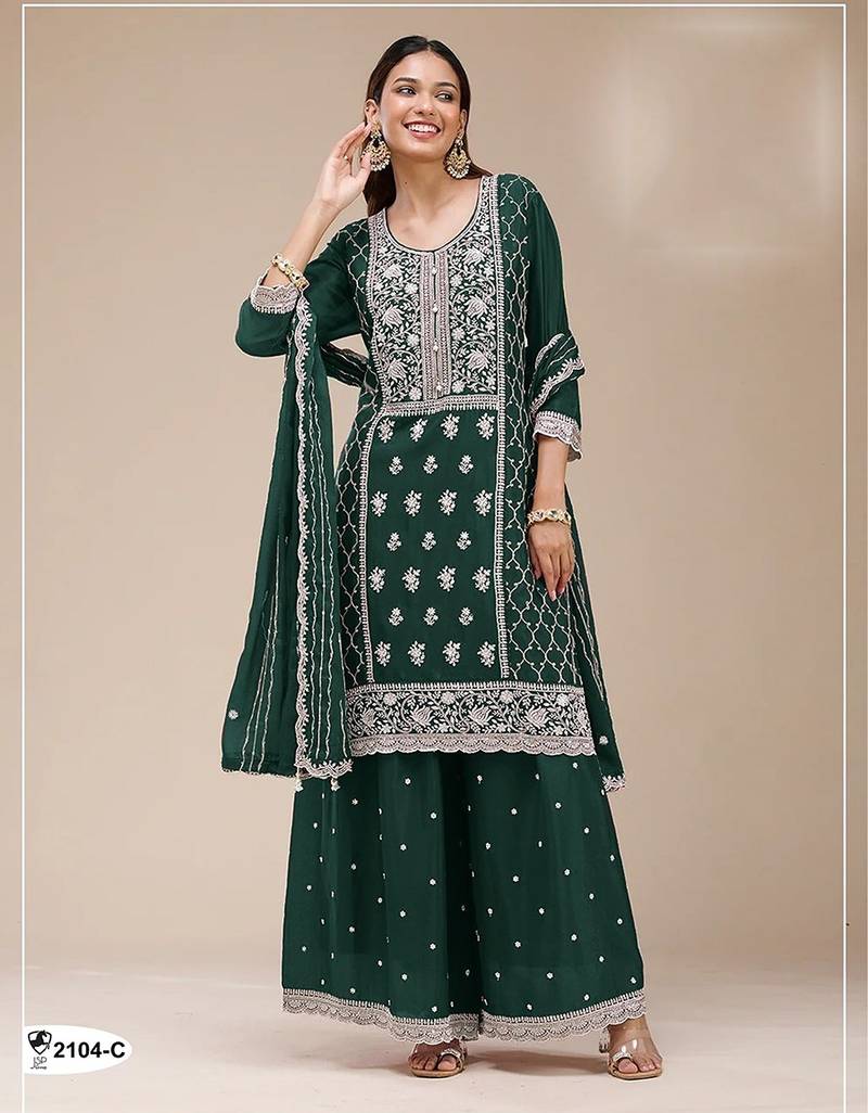 Bottle green faux georgette zari work semi stitched salwar suits