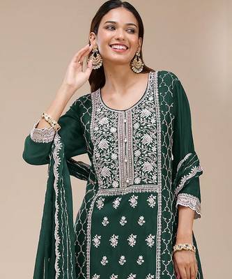 Bottle green faux georgette zari work semi stitched salwar suits 2