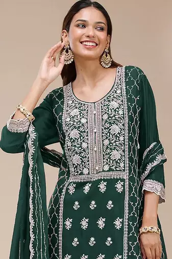 Bottle green faux georgette zari work semi stitched salwar suits