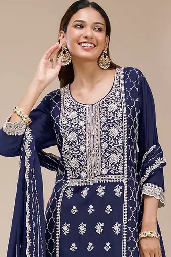 Royal blue faux georgette zari work semi stitched salwar suits