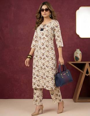 Cream floral printed viscose rayon kurta set 4