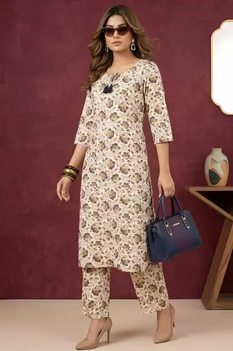 Cream floral printed viscose rayon kurta set
