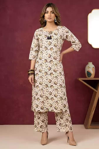 Cream floral printed viscose rayon kurta set