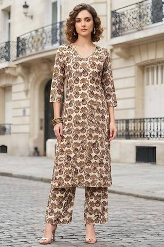 Off white floral printed viscose rayon kurta set