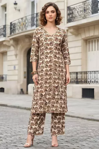 Off white floral printed viscose rayon kurta set