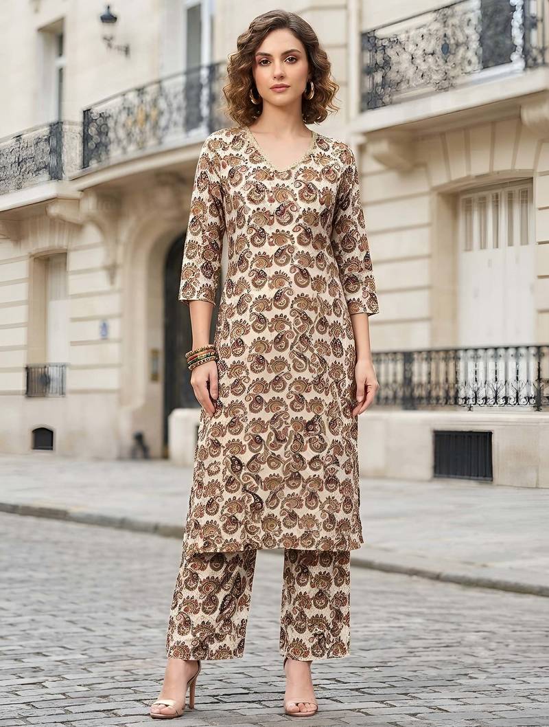 Off white floral printed viscose rayon kurta set