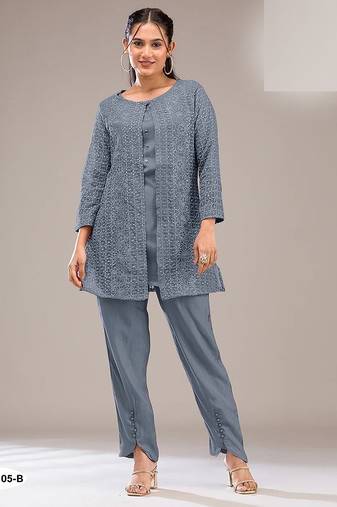 Steel grey blue faux georgette floral print semi stitched salwar suits
