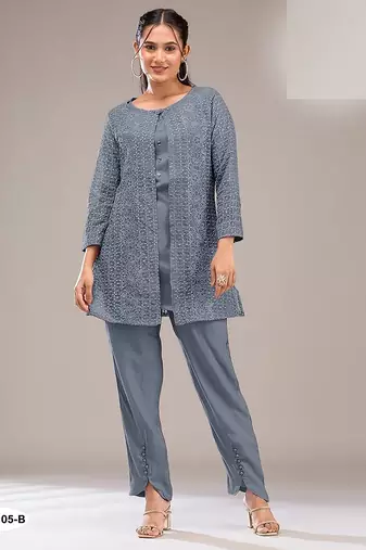 Steel grey blue faux georgette floral print semi stitched salwar suits