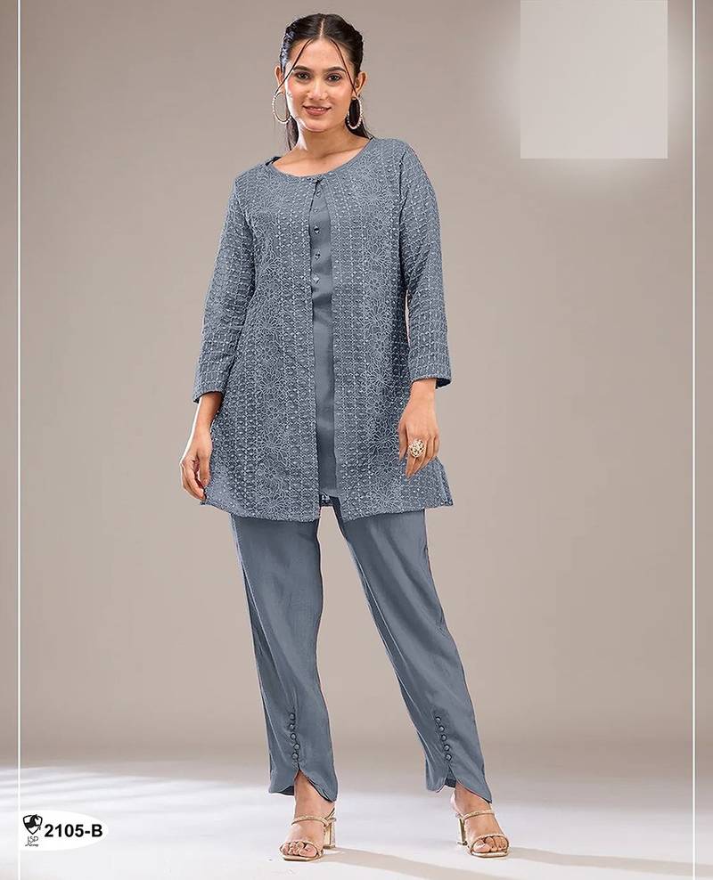 Steel grey blue faux georgette floral print semi stitched salwar suits