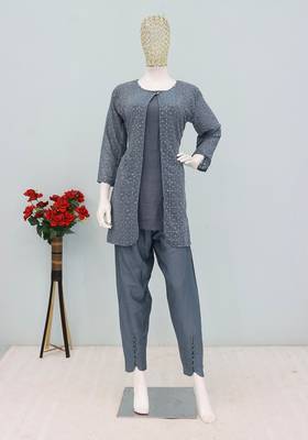 Steel grey blue faux georgette floral print semi stitched salwar suits 2