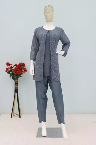 Steel grey blue faux georgette floral print semi stitched salwar suits
