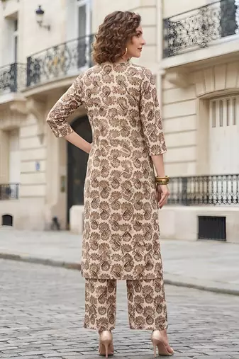 Off white floral printed viscose rayon kurta set