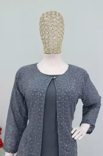 Steel grey blue faux georgette floral print semi stitched salwar suits