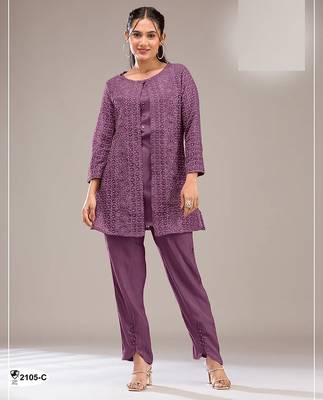 Plum purple faux georgette floral print semi stitched salwar suits 1