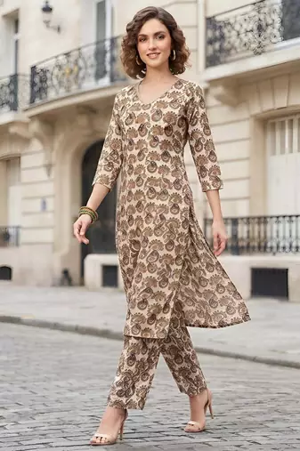 Off white floral printed viscose rayon kurta set