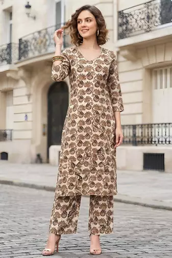 Off white floral printed viscose rayon kurta set