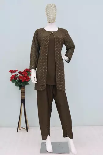 Muted brown faux georgette floral print semi stitched salwar suits