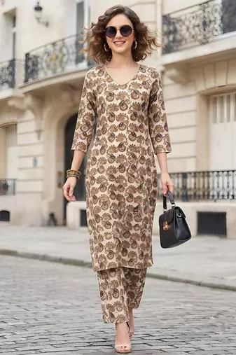 Off white floral printed viscose rayon kurta set