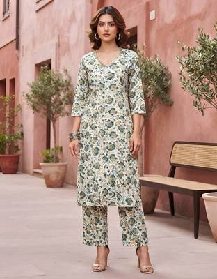White floral printed viscose rayon kurta set 1