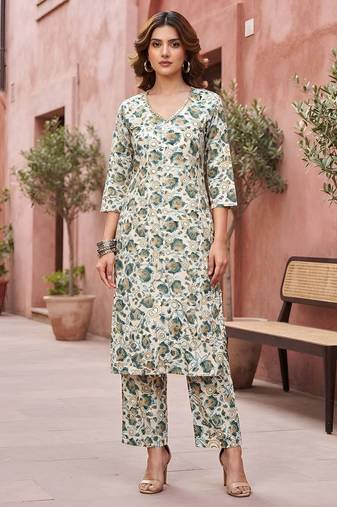 White floral printed viscose rayon kurta set