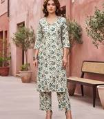 White floral printed viscose rayon kurta set