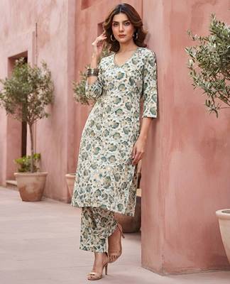 White floral printed viscose rayon kurta set 2