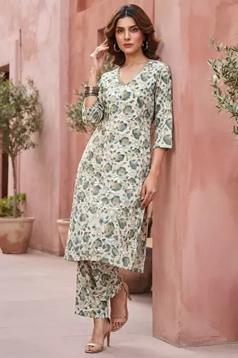 White floral printed viscose rayon kurta set