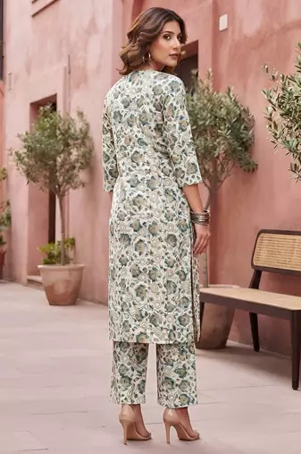 White floral printed viscose rayon kurta set