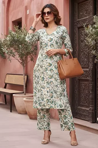 White floral printed viscose rayon kurta set