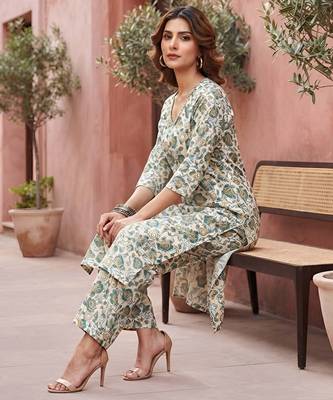 White floral printed viscose rayon kurta set 5