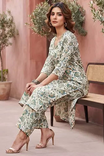 White floral printed viscose rayon kurta set