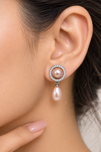 Certified natural freshwater pearls jewellery pink freshwater pearl drop earrings with cz halo circle