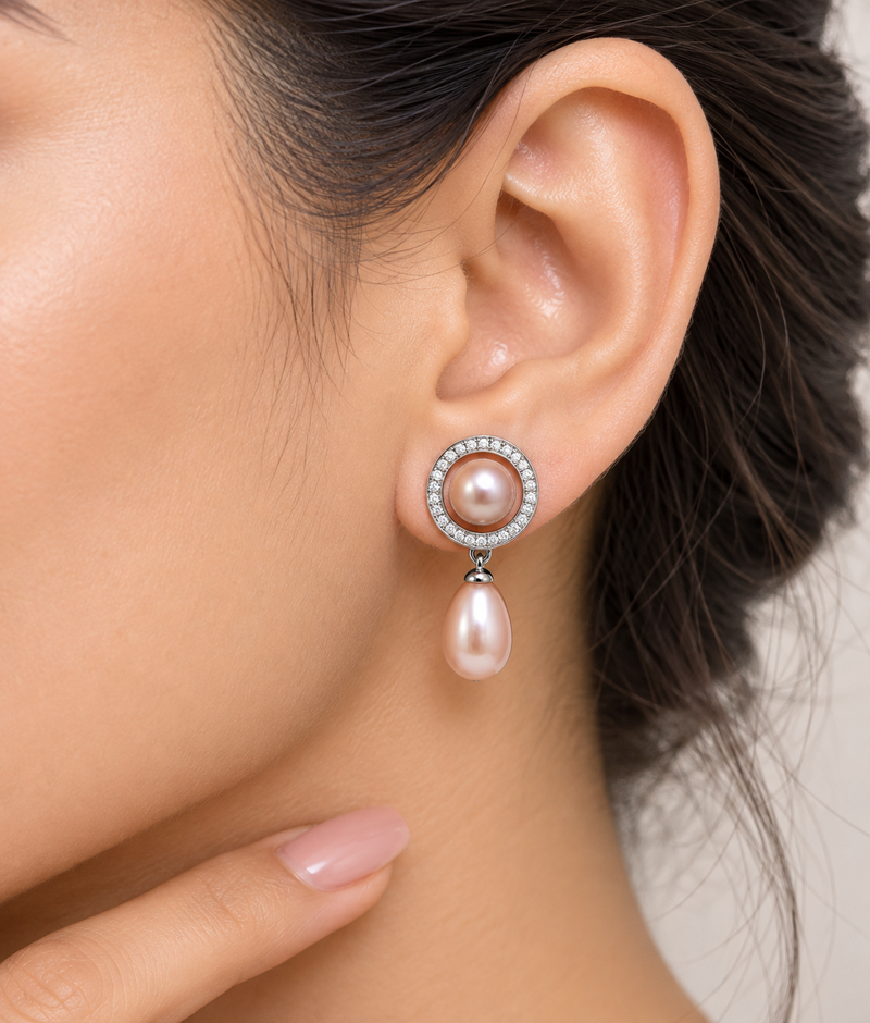 Certified natural freshwater pearls jewellery pink freshwater pearl drop earrings with cz halo circle