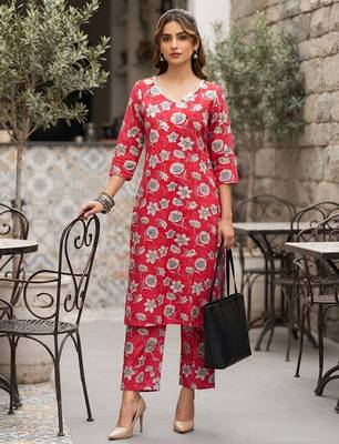 Pink floral printed viscose rayon kurta set 1