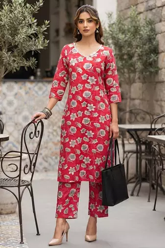 Pink floral printed viscose rayon kurta set
