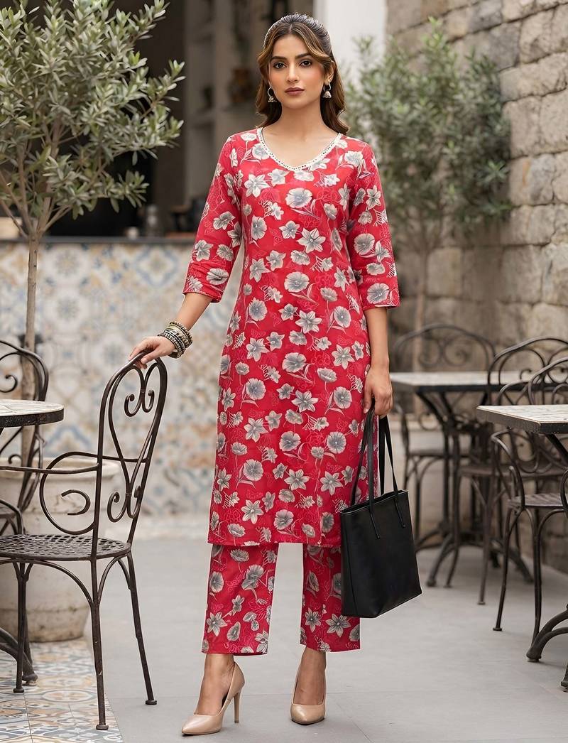 Pink floral printed viscose rayon kurta set