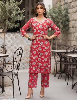 Pink floral printed viscose rayon kurta set 2