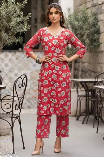 Pink floral printed viscose rayon kurta set