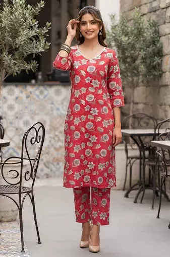 Pink floral printed viscose rayon kurta set