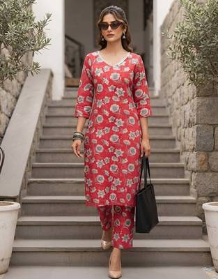 Pink floral printed viscose rayon kurta set 4