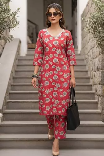 Pink floral printed viscose rayon kurta set