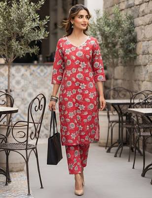 Pink floral printed viscose rayon kurta set 5
